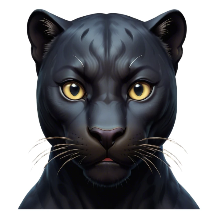Cinematic Comical black Panther Portrait Emoji, Head tilted dramatically with an exaggeratedly shocked expression, featuring a sleek, muscular body with wide, comically expressive eyes full of humorous disbelief, Simplified yet hilariously expressive features, highly detailed, glowing with a slightly sassy dark glow, high shine, dramatic yet playful, stylized with an air of quirky feline attitude, soft glowing outline, capturing the essence of a meme-worthy black Panther that looks ready to side-eye its way into viral fame! sticker