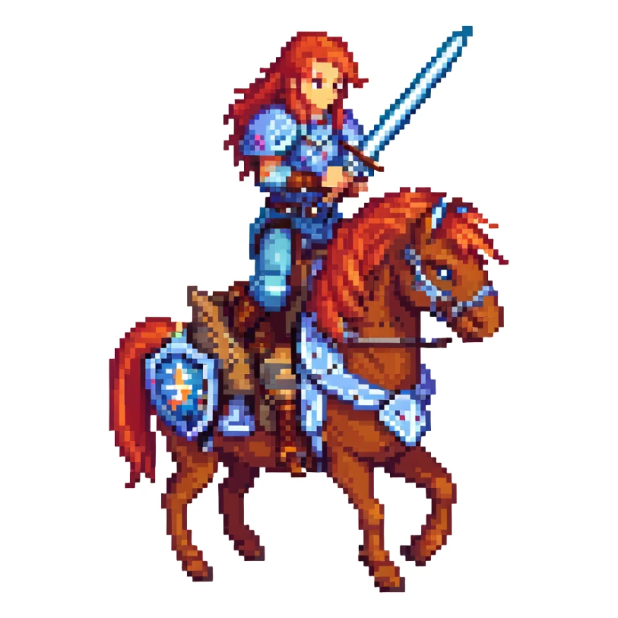 Starscourge Radahn, pixel art style, red mane, heavy armor, two giant swords, riding a tiny horse, retro video game look sticker