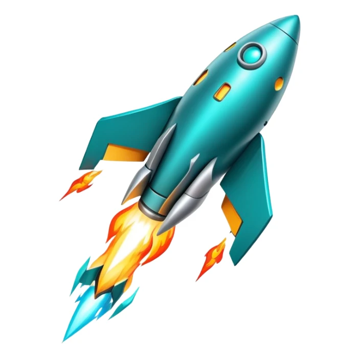 robotic teal spaceship launching to the right with rocket flames sticker