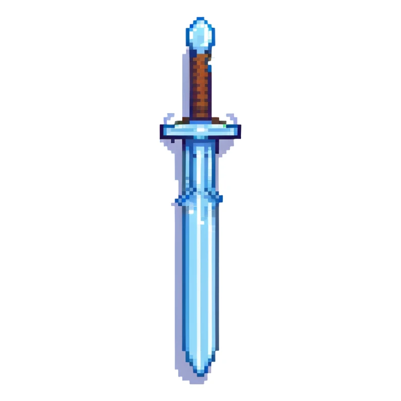 diamond sword, pixel art style, inspired by classic video games, blue and silver colors, simple and blocky sticker