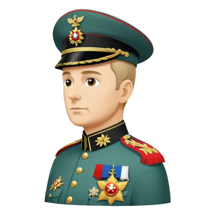 Russian military general in formal uniform with medals and epaulettes, turned slightly to the left, military hat, profile view sticker