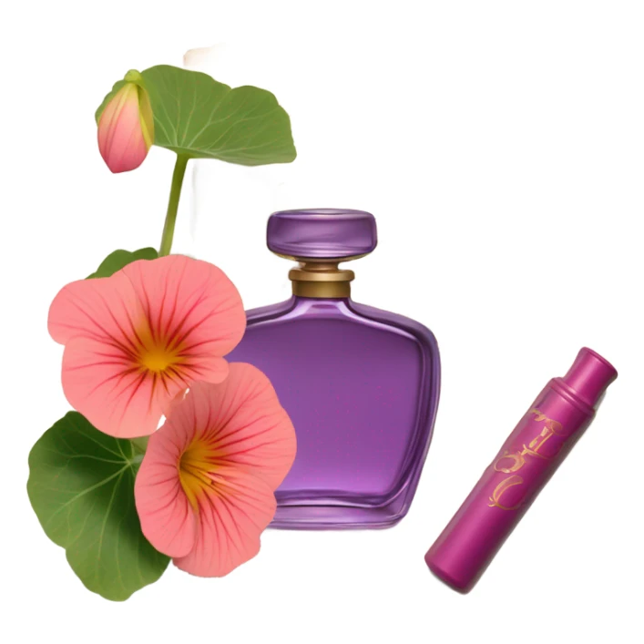 Aesthetic display of blush violet nasturtiums, an elegant deep pink perfume bottle, and a vintage love violet letter written in flowing script. sticker