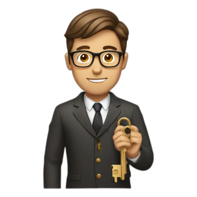 brown-short-haired classy man wearing glasses struggling to fit a key into a lock sticker
