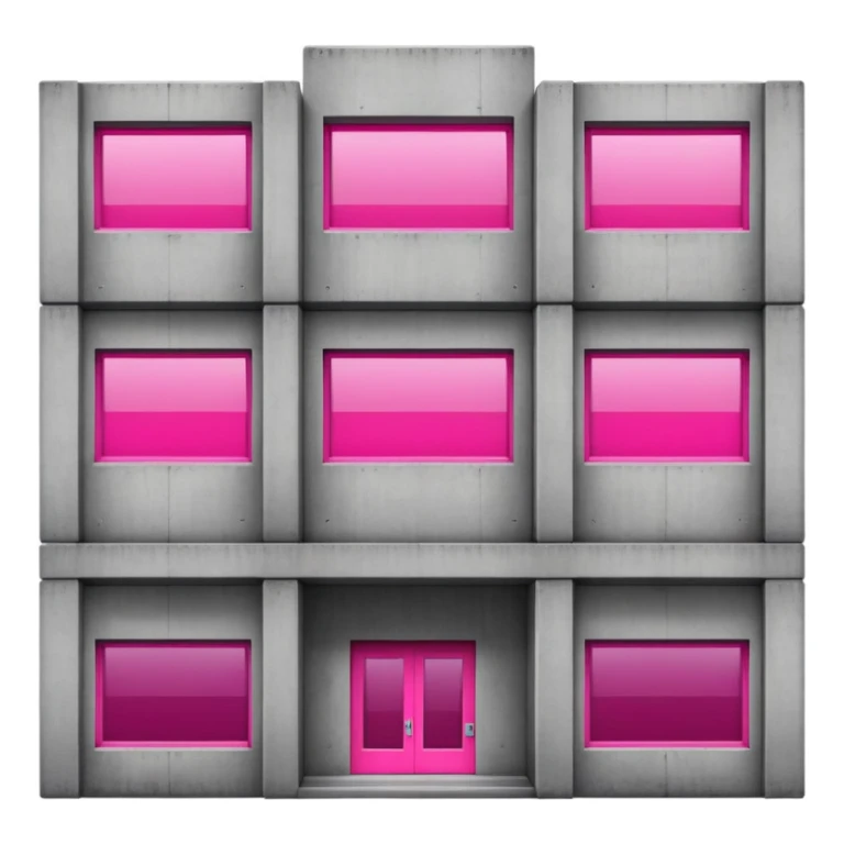 Wide brutalist concrete building with a central bright pink window surrounded by multiple regular windows sticker