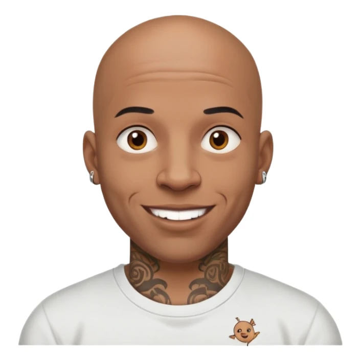 bald black man with intricate face tattoos, cheerful expression, wearing a t-shirt sticker
