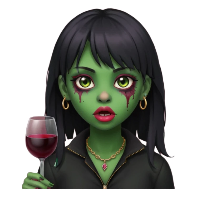 uma garota ZUMBI (cor de pele verde), com piercing na boca e no nariz, com olhos vinhos, cabelos pretos e com franja, e roupa preta sticker