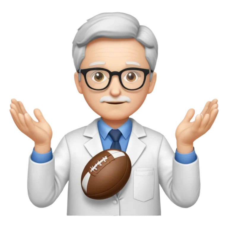 professor with glasses and academic attire with hands positioned as if gripping an invisible rugby ball sticker