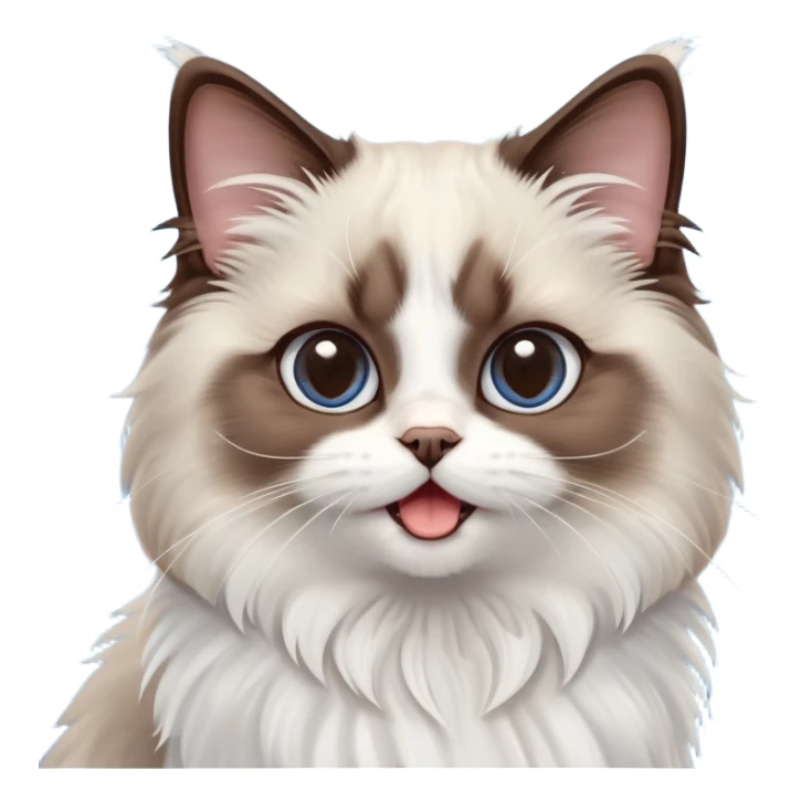 cinematic-adorable-big-eyed-fluffy-dark brown and white ragdoll-cat-portrait-emoji,-head-tilted-playfully-with-a-cute,-yawn,-soft-brown-and white-colored-fur-with-darker-points-on-the-ears,-simplified-yet-irresistibly-cute-features, sparkling blue eyes sticker