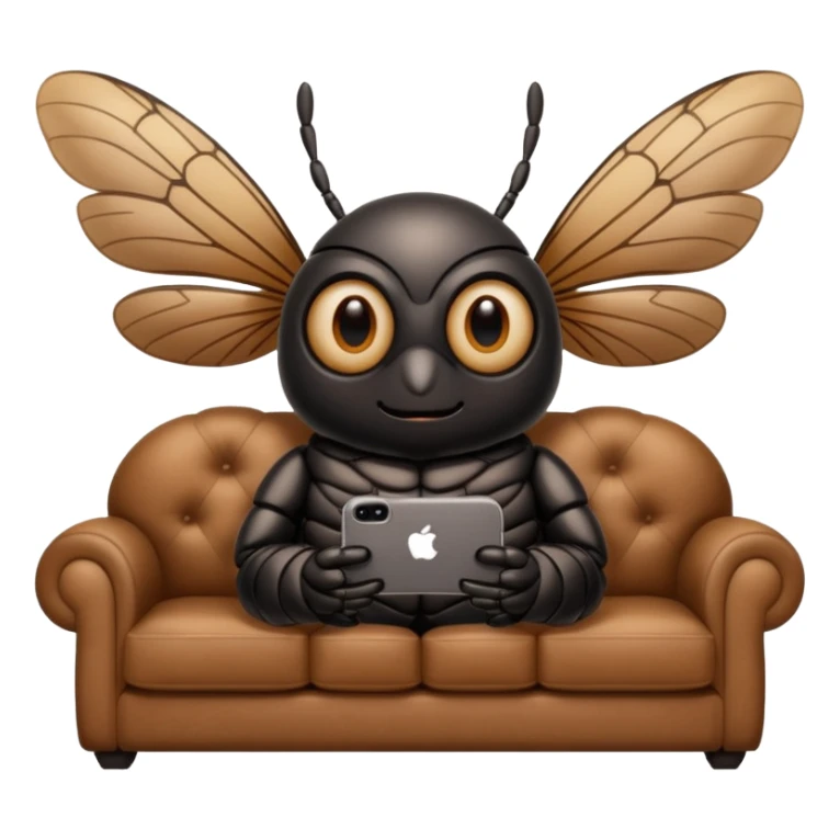 Black Cicada cartoon style with black shiny round eyes watching on a phone sit on a brown sofa  sticker