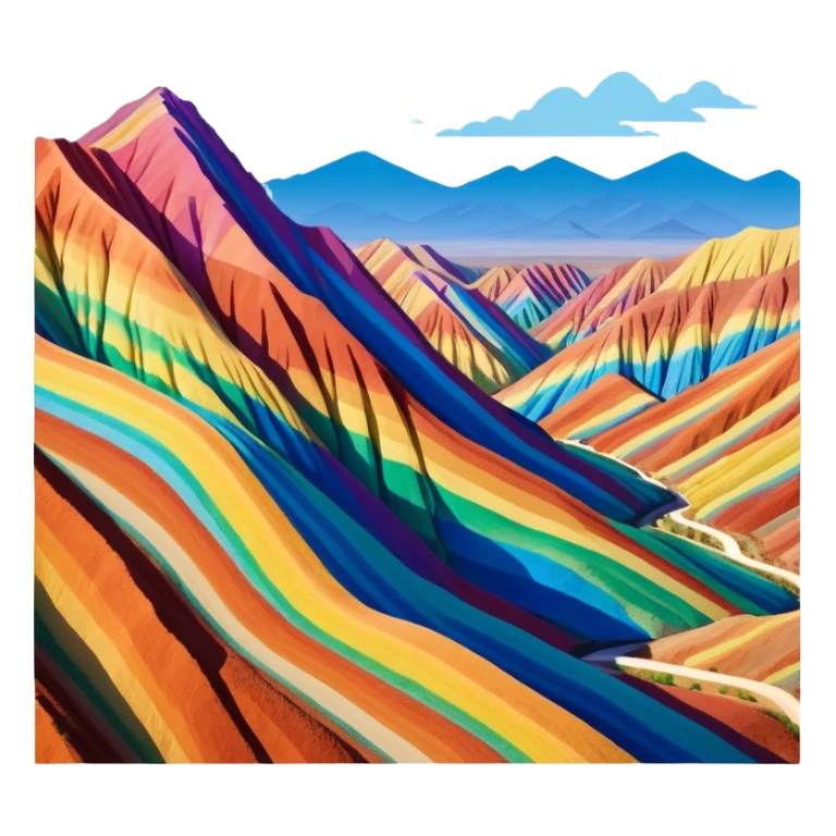 Rainbow Mountains Zhangye Danxia colorful striped hills, simplified emoji style with bold outlines and bright colors, cartoon style multicolored mountain ridges sticker