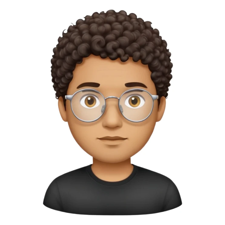 Man with oval face, large oval metallic glasses, short dark curly hair with high fade, neutral-friendly expression, light brown skin, wearing a black shirt sticker