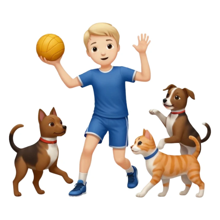 ragazzo basso  che gioca a pallamano circondato da cani e gattu sticker