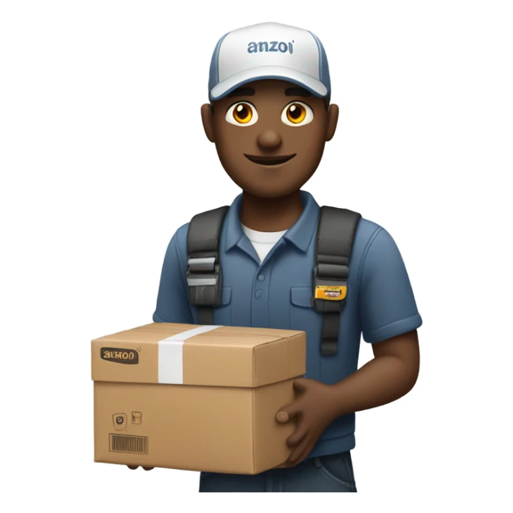 White male delivery driver carrying an Amazon box sticker