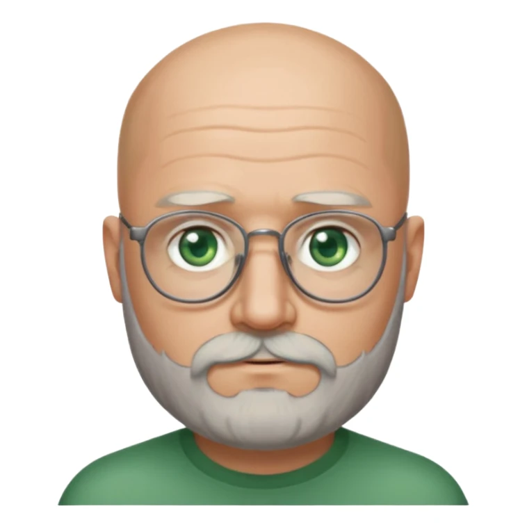 50 years old, green eyes, 2 days salt and pepper beard, bald, glasses sticker