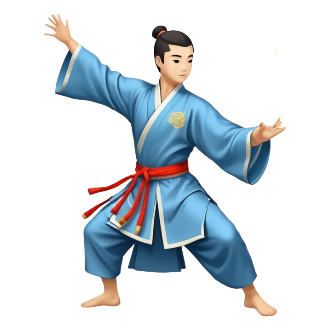 Emblem symbolizing Wushu martial arts. A graceful martial artist performs a dynamic kung fu pose, with flowing movements and a long, elegant robe. The background features stylized clouds and traditional Chinese symbols, representing fluidity, balance, and precision. Transparent background. sticker