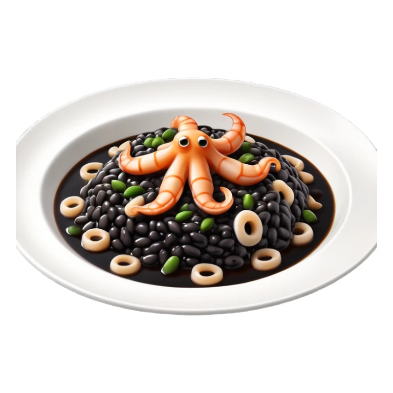 cinematic-realistic-black-risotto-dish-emoji,-showcasing-small squid pieces in black sauce -rendered-with-bold-textures-and-dynamic,-dramatic-lighting in a white plate sticker