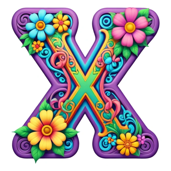 3D, gothic style psychedelic colored Letter X with hippie style flower border sticker
