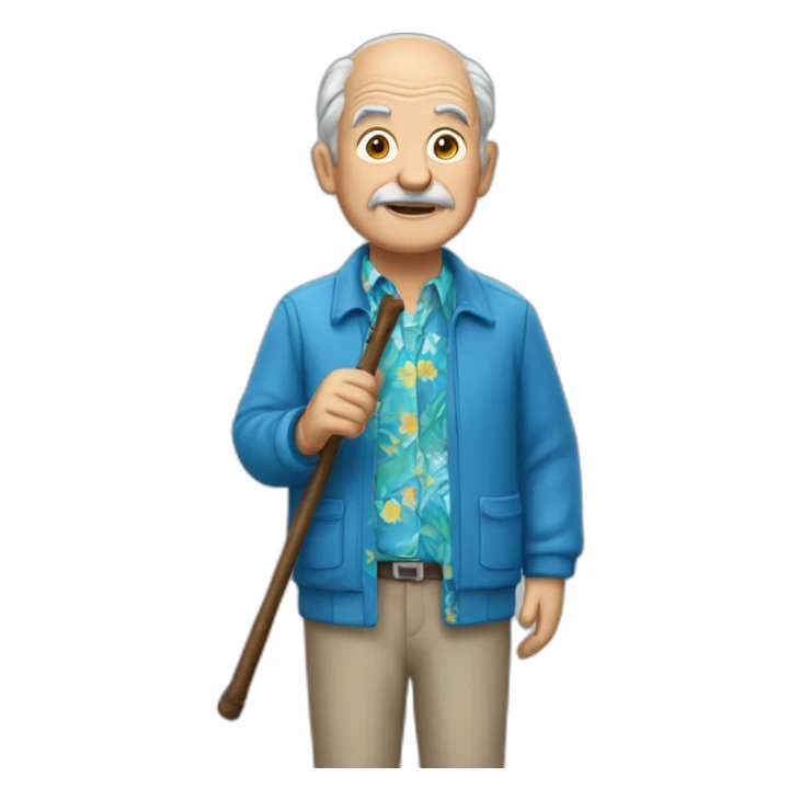 old man holding cane wearing blue Hawaiian shirt and jacket sticker