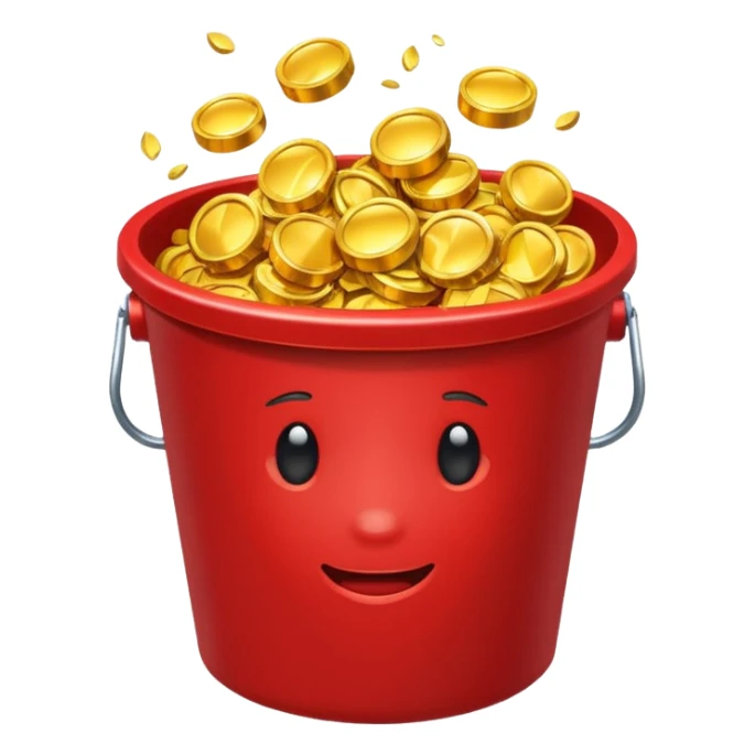 A red bucket full of gold sticker