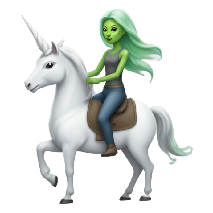 a green alien woman, on a grey and white unicorn sticker
