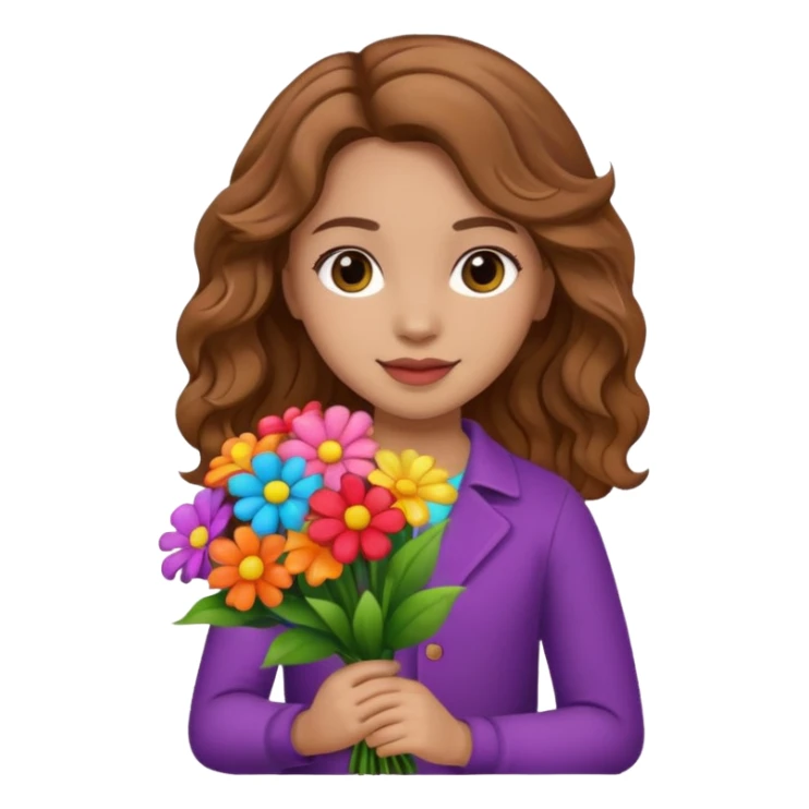 Niña con un ramo de flores que sea castaña con cabello ondulado  sticker