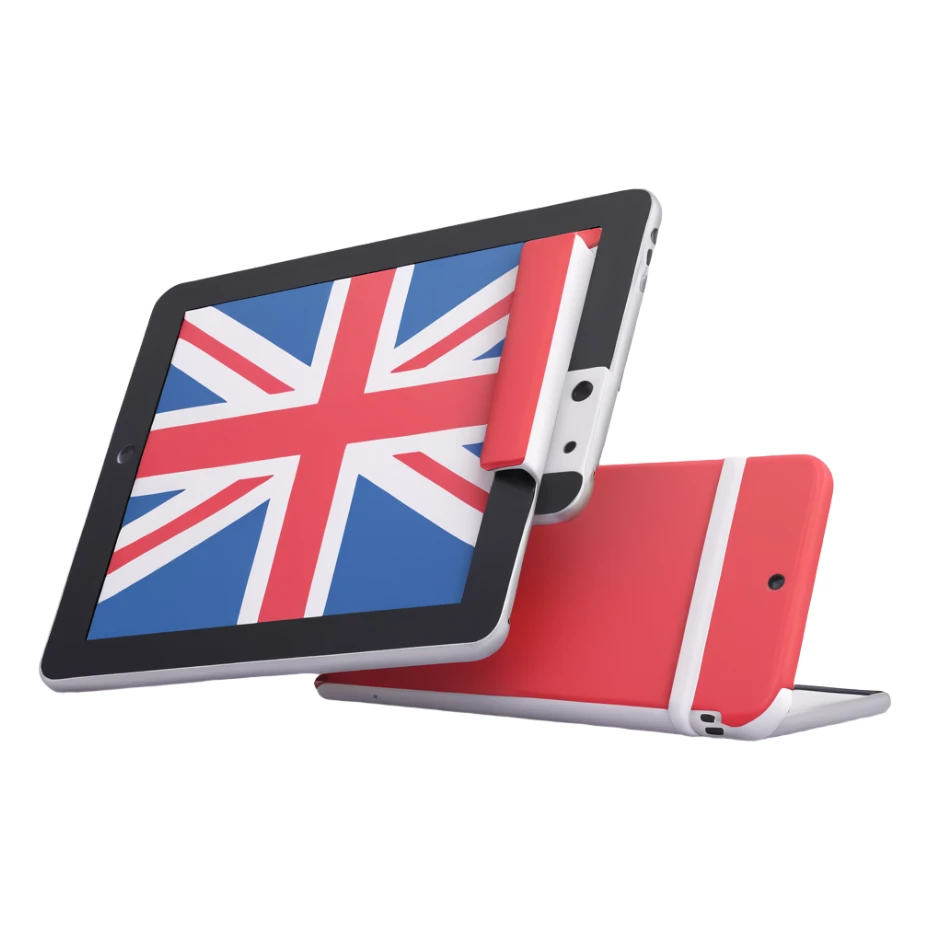 iPad tablet with English flag sticker