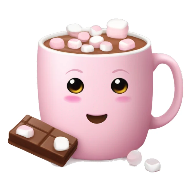 Pale pink hot chocolate mug with hot chocolate in it and marshmallows sticker