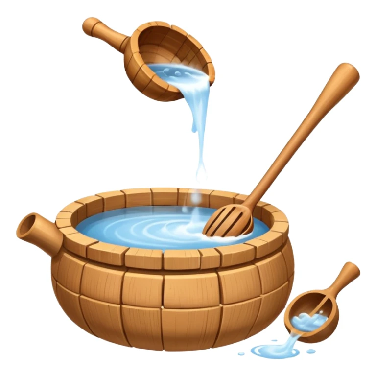 Ladle pouring water onto sauna rocks with steam sticker
