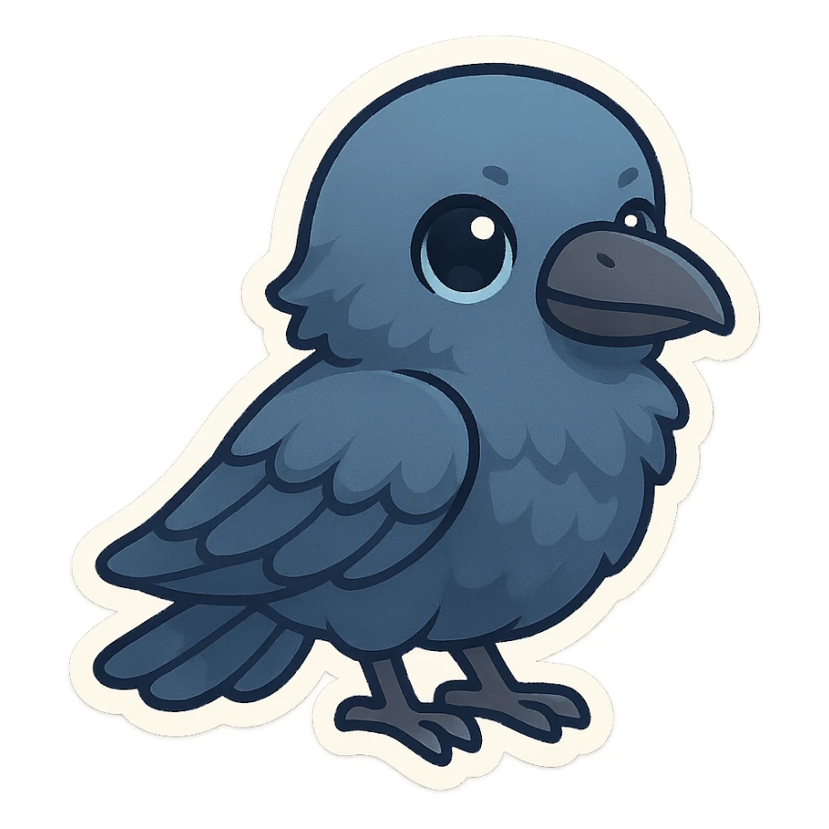 blue raven, cute, cartoonish, chibi stickers illustration style sticker