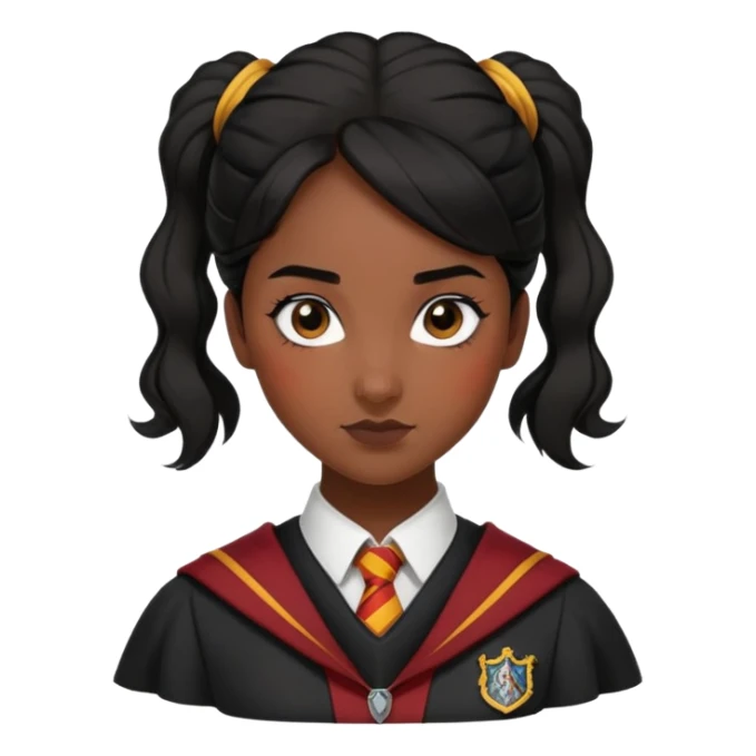 alicia spinnet in harry potter, wear hogwarts gryfindor uniform,  thick, black bun hair, black skin sticker
