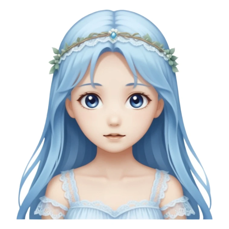 Beautiful ethereal pastel transparent translucent Gorgeous spectral dark greyish-blue whitish gloomy spectral Anime Poltergeist Lady with long hair with a beautiful white silky lace dress with a silky lace head band sticker