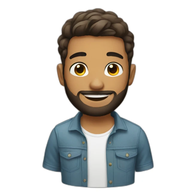 young man with tattoos, short hair, and a beard sticker