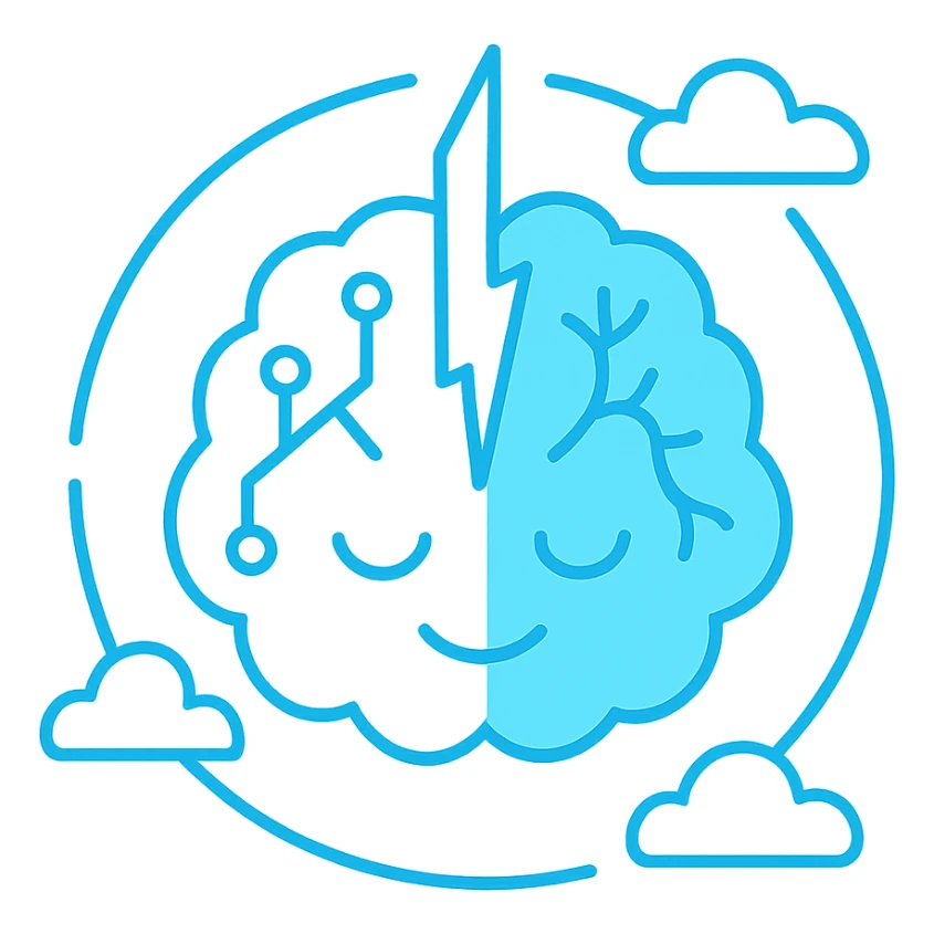 minimalist icon of a brain divided in half by a central energy blade, hemispheres with circuit and neuron lines, outer circle broken by three points, flat, monochromatic neon blue, for emoji or digital badge sticker