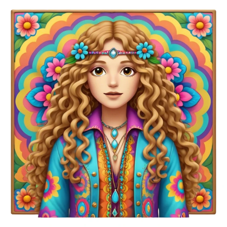 Create a 3D ultra detailed psychedelic colored square hippie style flower border with a gorgeous hippie in the center with long curly hair, bell bottoms, and a fringed jacket sticker