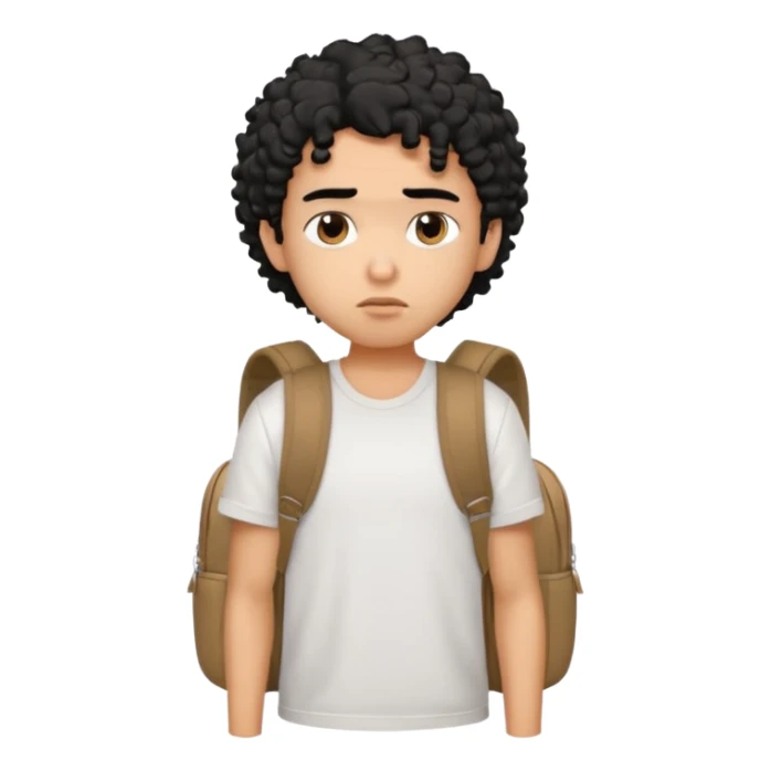 a pretty bratz guy with black curly hair wearing a white tshirt and brown backpack looking tired sticker