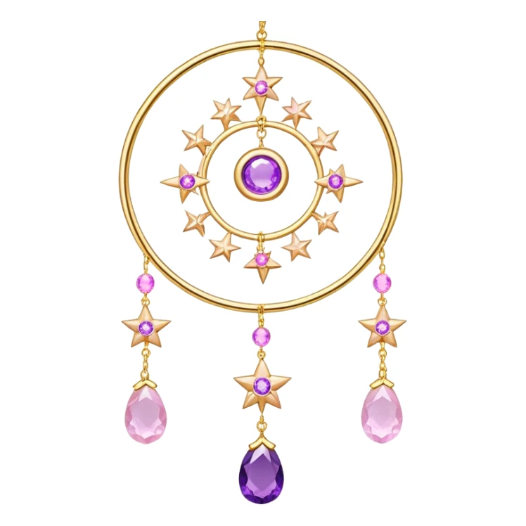 Epic Hanging gold suncatcher, threads with shiny sparkly amethyst and rose-quartz gemstones, flowers, moons, stars, gradient colors, pastel, vibrant colors sticker