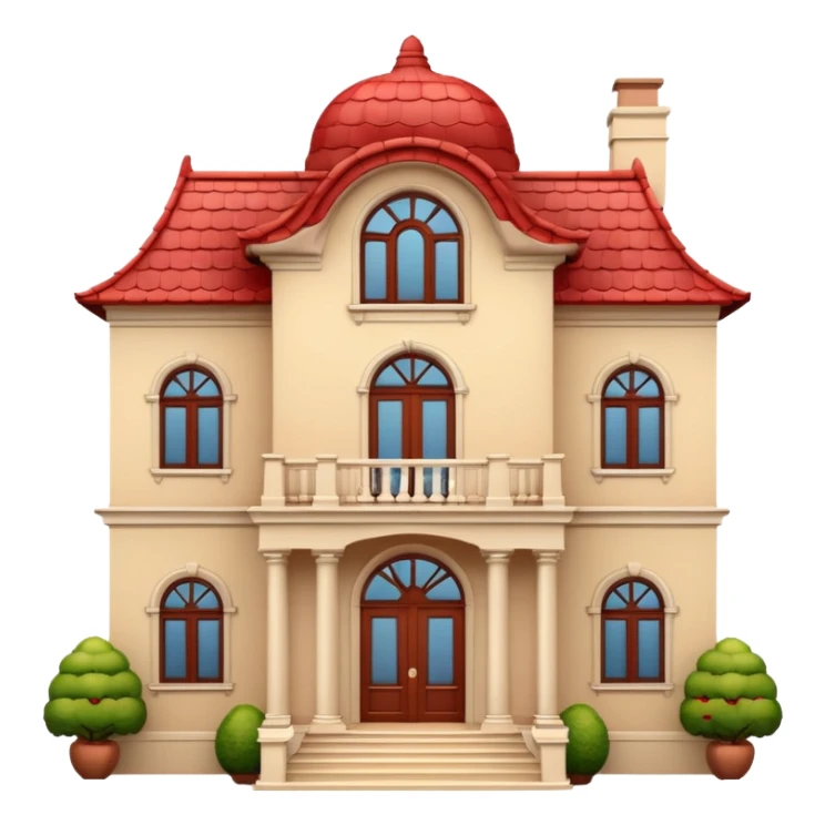 Apple-style 3D emoji of a large traditional mansion, with multiple windows, a big entrance door, red tiled roof, cream-colored walls, decorative balcony details, cartoonish but elegant design, no background. sticker