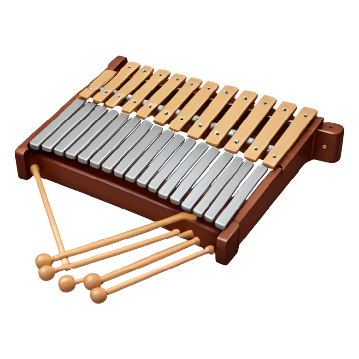 Create a detailed and professional emoji representing a Fleet FLT-SX37 long orchestral wooden xylophone. The design should showcase the large wooden bars of the xylophone, arranged in a traditional setup, with soft metallic accents on the mallets. The bars should have a rich wood texture, with polished details to reflect the quality of the instrument. The mallets should be held above the bars, with the heads clearly visible. Use warm, rich wood tones like mahogany and light brown, with silver or metallic accents for the mallets. Add subtle musical notes floating above the xylophone to emphasize its melodic sound. The background should be transparent. sticker