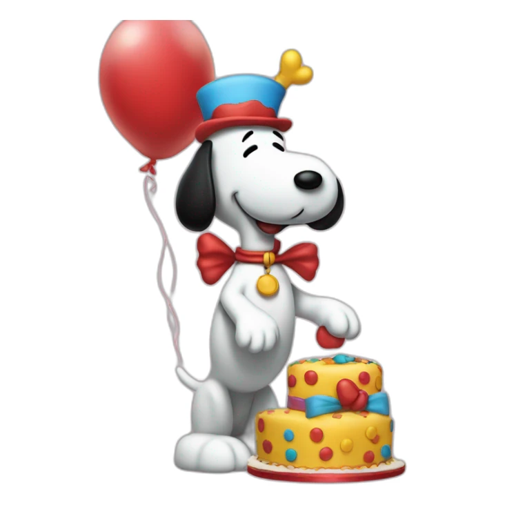 Snoopy vestido de payaso con globos y una torta sticker