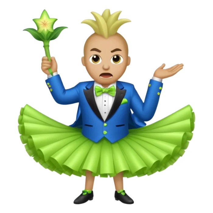 Angry blue banana wearing a sparkly lime green tuxedo and tutu sticker