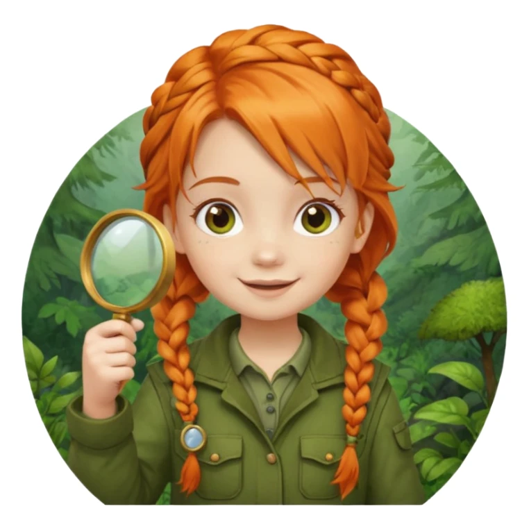 braid orange haired girl kid in moss green explorer outfit, holding magnifying glass, smile sticker