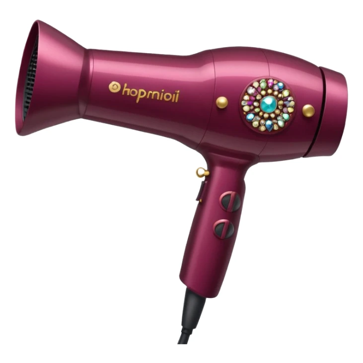 burgundy blow dryer with a ribbon covered in gems sticker
