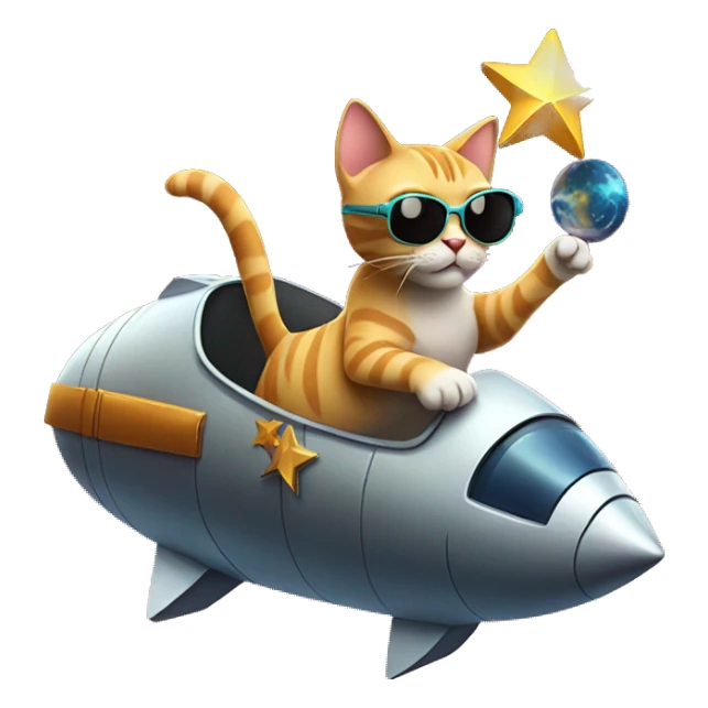 Cat with sunglasses and riding a comet and holding a star sticker