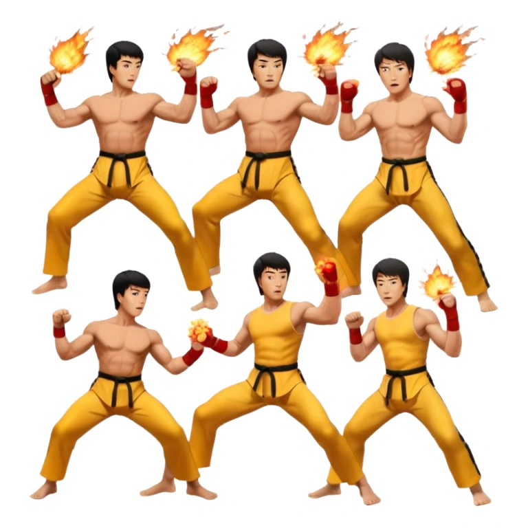 Collage of Arnold Schwarzenegger, Sylvester Stallone, Bruce Lee, and Jackie Chan in intense action poses, surrounded by explosions, martial arts moves, weapons. The design should capture the high energy and heroism of classic action films. Transparent background. sticker