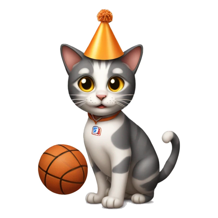 cat playing basketball wearing a birthday hat sticker