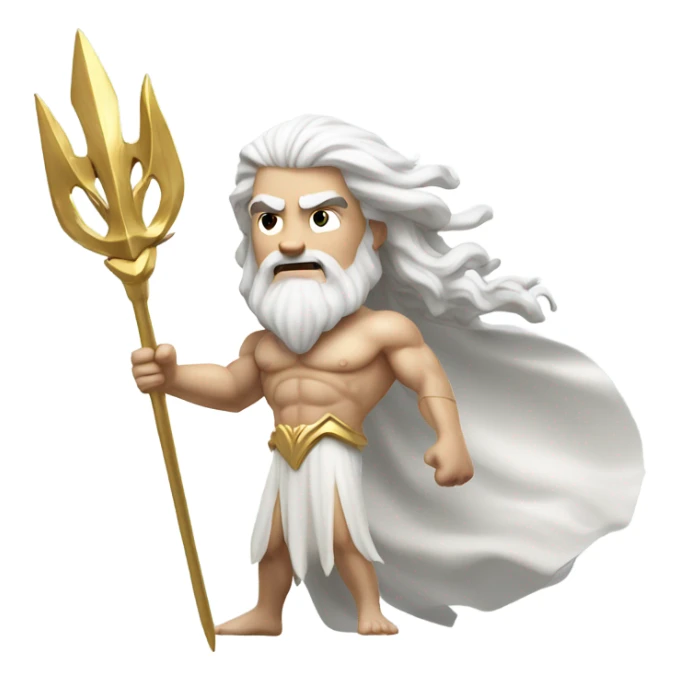 white man Poseidon with gold Trident. long white hair white dress. show biceps sticker