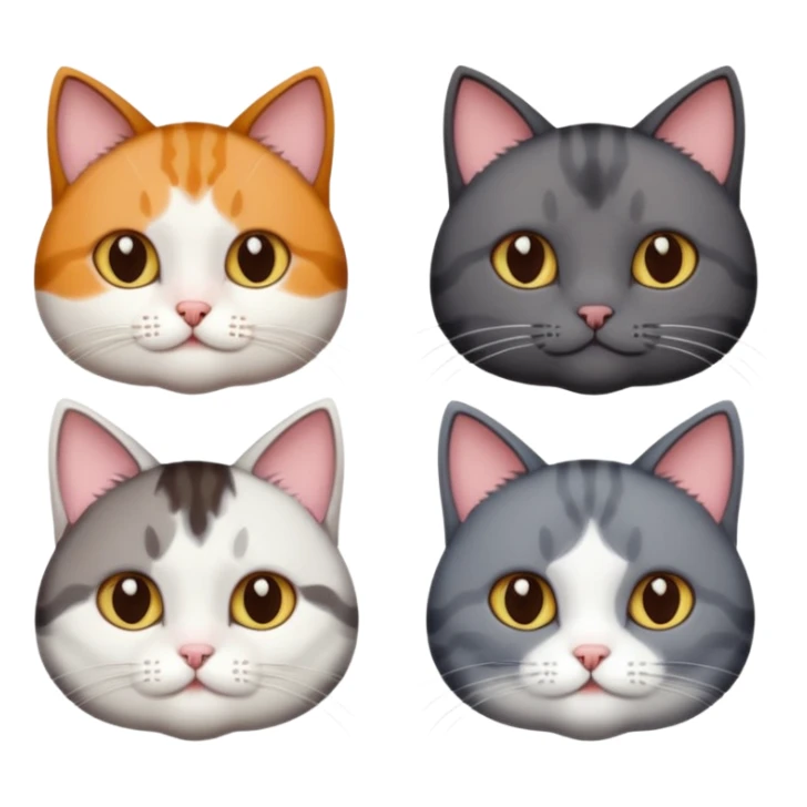 4 different coloured short haired cats including; a dark brown and white cat, and a dark grey and white  sticker