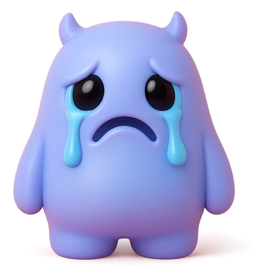 monster with big teary eyes, drooping mouth, tears streaming down its face, soft blue and purple colors, toy-like vinyl figure style sticker