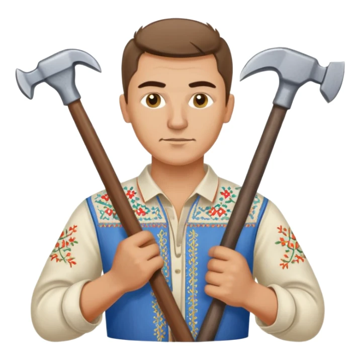 Ukrainian man wearing traditional embroidered vyshyvanka shirt holding construction tools like hammer and wrench sticker