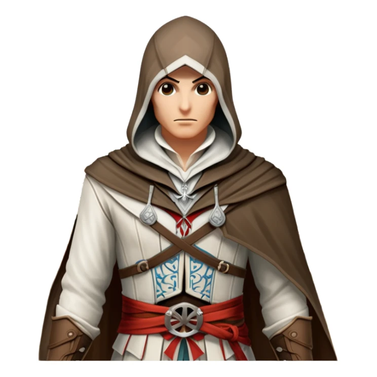 icon featuring Assasin's Creed in an iconic assassin's hood, standing tall against the backdrop of Florence. The design captures the essence of adventure, with intricate details of historical architecture and a sense of mystery. The character is poised, ready for action. transparent background. sticker